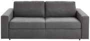 Graues Funktionssofa in Frontalansicht mit zwei Sitzkissen und Armlehnen.