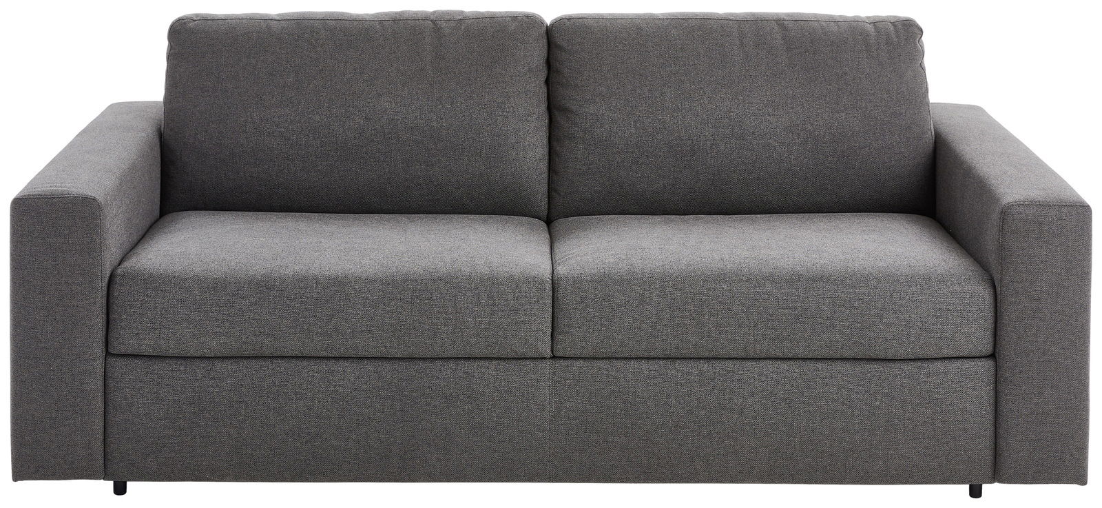Graues Funktionssofa in Frontalansicht mit zwei Sitzkissen und Armlehnen.