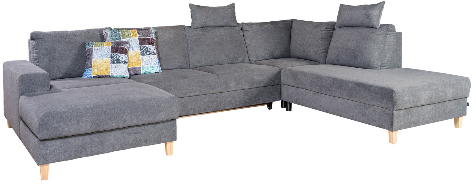 Graue Wohnlandschaft ANABELLE mit Kopfstützen und bunter Kissen, Perspektive von vorne links