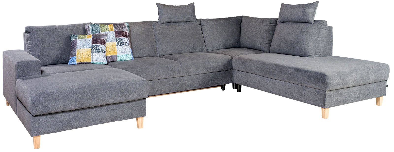 Ti´me Wohnlandschaft ANABELLE Graue Wohnlandschaft ANABELLE mit Kopfstützen und bunter Kissen, Perspektive von vorne links