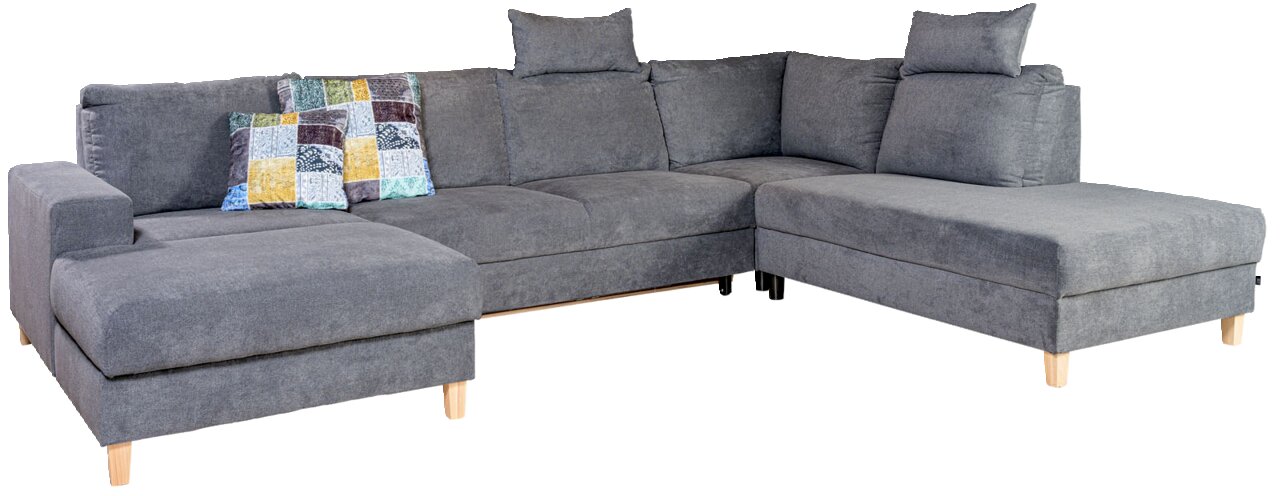 Graue Wohnlandschaft ANABELLE mit Kopfstützen und bunter Kissen, Perspektive von vorne links