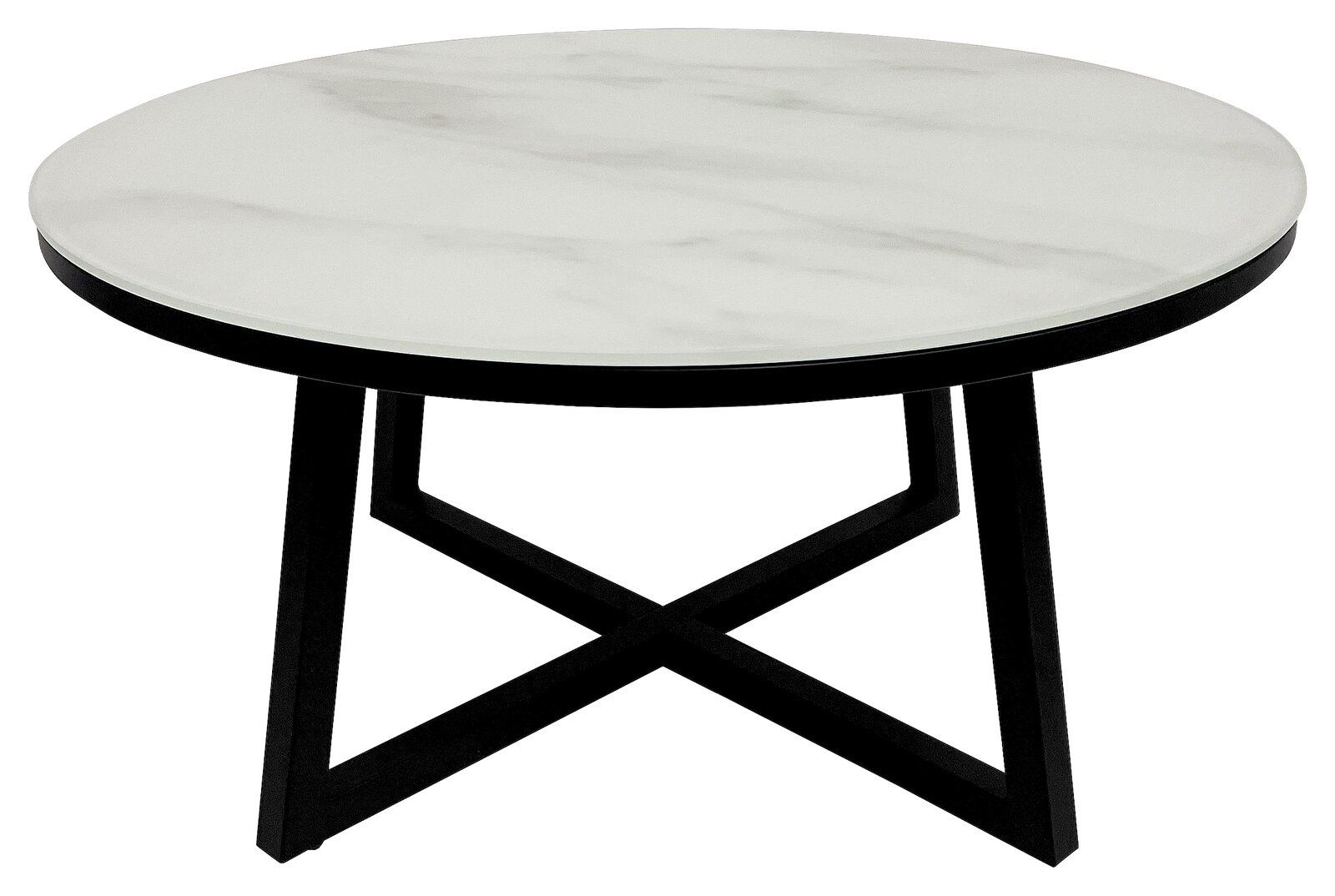 Runder Couchtisch mit weißer Marmoroptik-Tischplatte und schwarzem Metallgestell, seitliche Perspektive