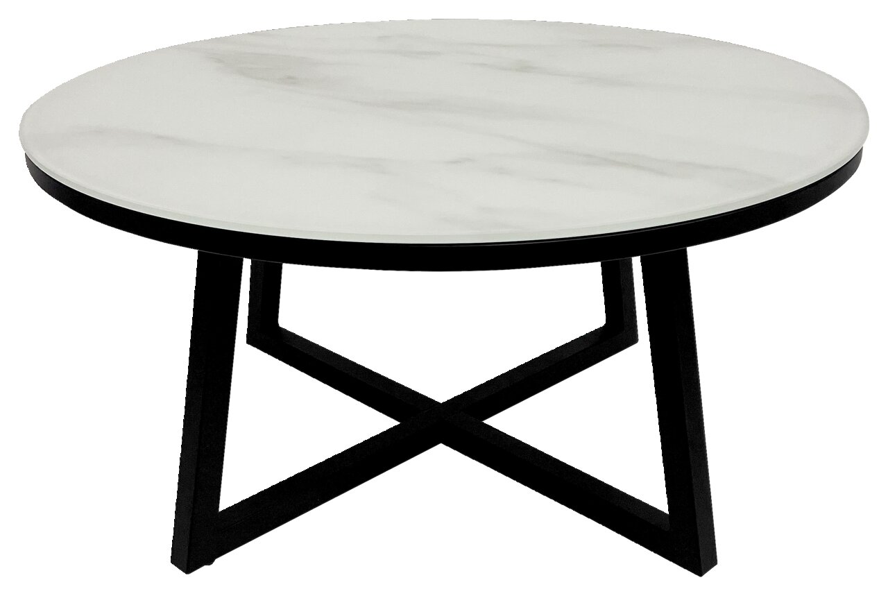 Runder Couchtisch mit weißer Marmoroptik-Tischplatte und schwarzem Metallgestell, seitliche Perspektive