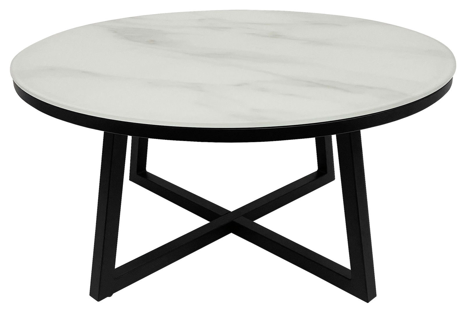 Runder Couchtisch mit weißer Marmoroptik-Tischplatte und schwarzem Metallgestell, seitliche Perspektive