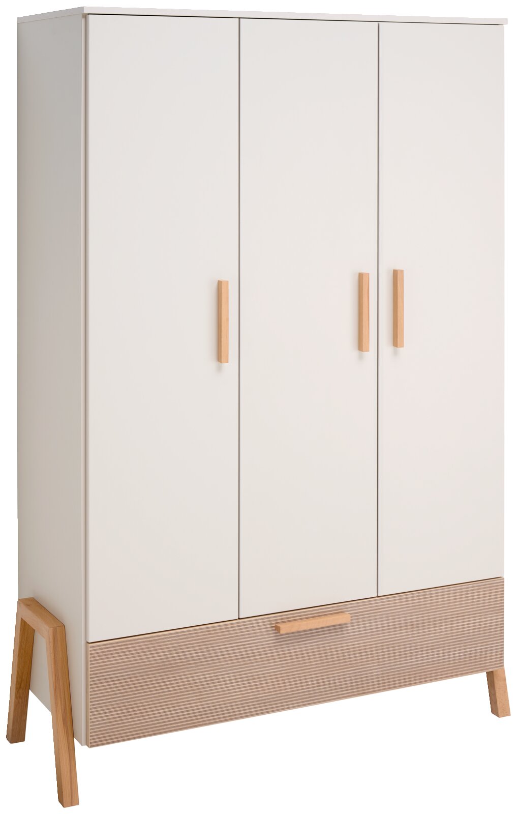 Moderner weißer Kleiderschrank mit drei Türen und Holzgriffen, seitliche Perspektive