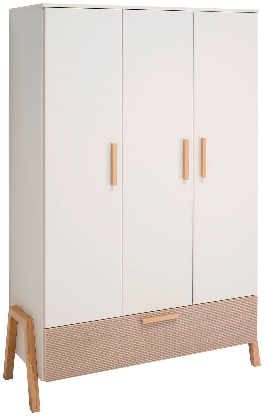 Moderner weißer Kleiderschrank mit drei Türen und Holzgriffen, seitliche Perspektive