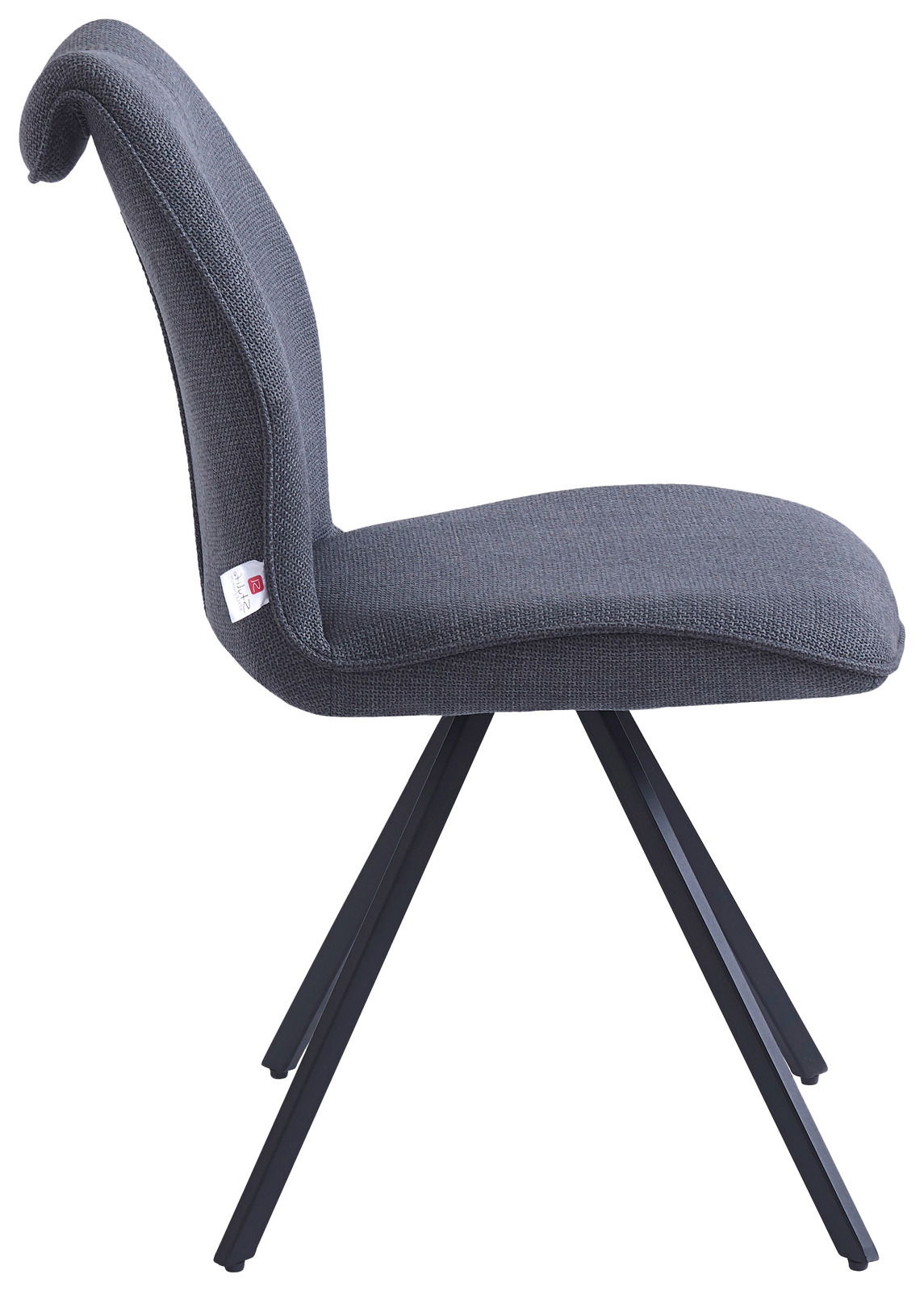 Moderner grauer Stuhl mit Stoffbezug und schwarzem Metallgestell, Seitenansicht.