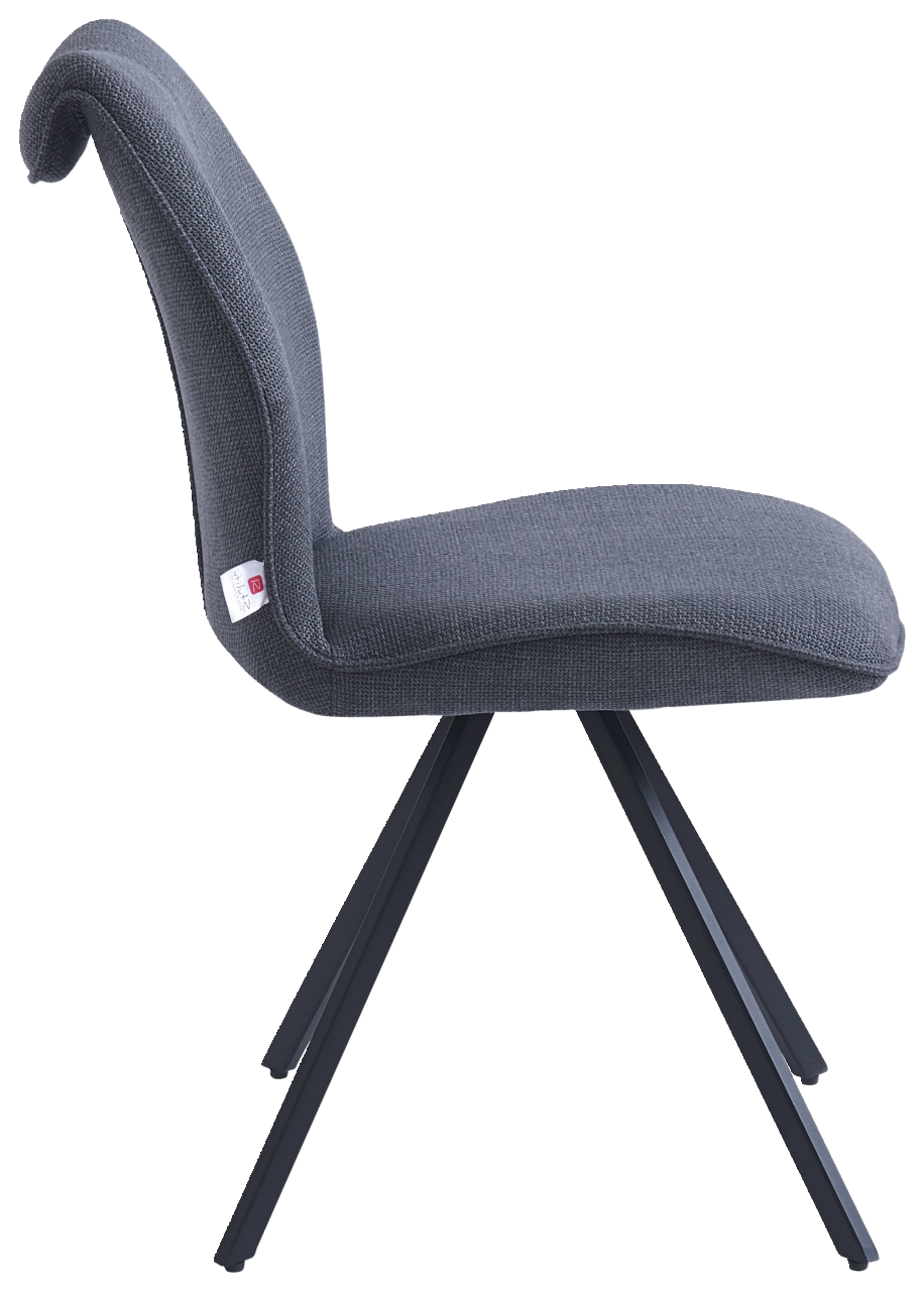 Moderner grauer Stuhl mit Stoffbezug und schwarzem Metallgestell, Seitenansicht.