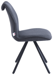 Moderner grauer Stuhl mit Stoffbezug und schwarzem Metallgestell, Seitenansicht.