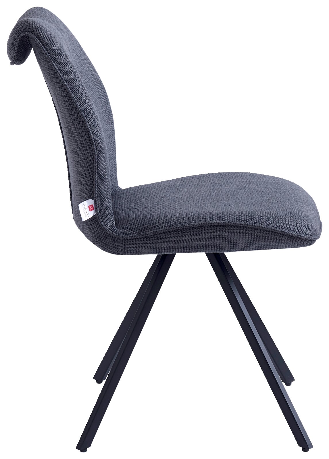 Moderne grijze stoel met stoffen bekleding en een zwart metalen frame, gezien vanaf de zijkant.