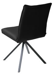 Rückansicht eines modernen schwarzen Stuhls mit vier Metallbeinen in X-Form.