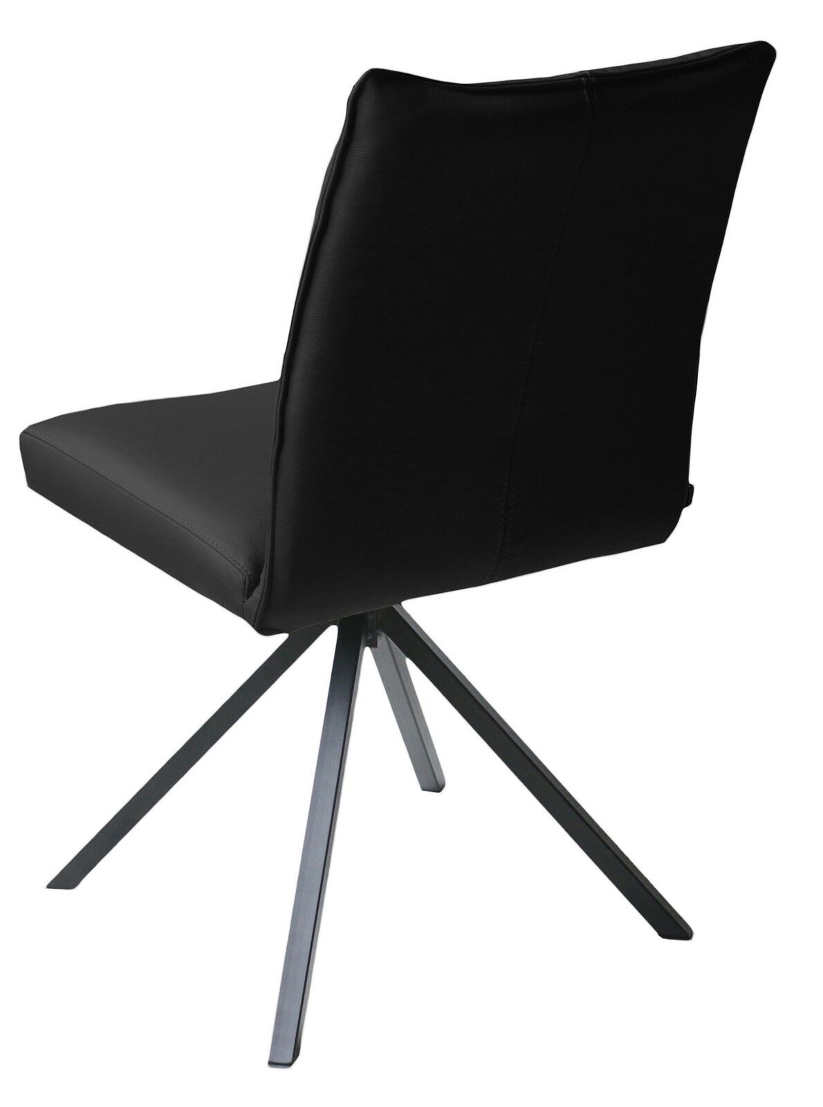 Rückansicht eines modernen schwarzen Stuhls mit vier Metallbeinen in X-Form.