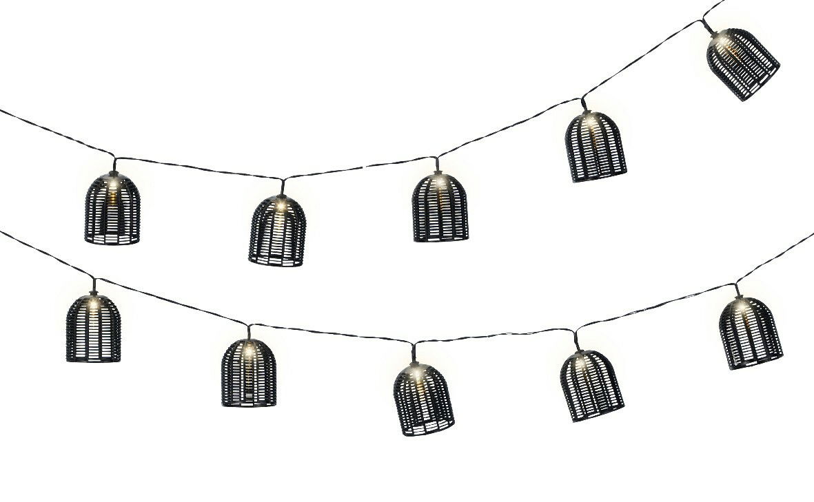 Solarbetriebene Lichterkette mit schwarzen, käfigartigen Lampenschirmen, seitliche Perspektive