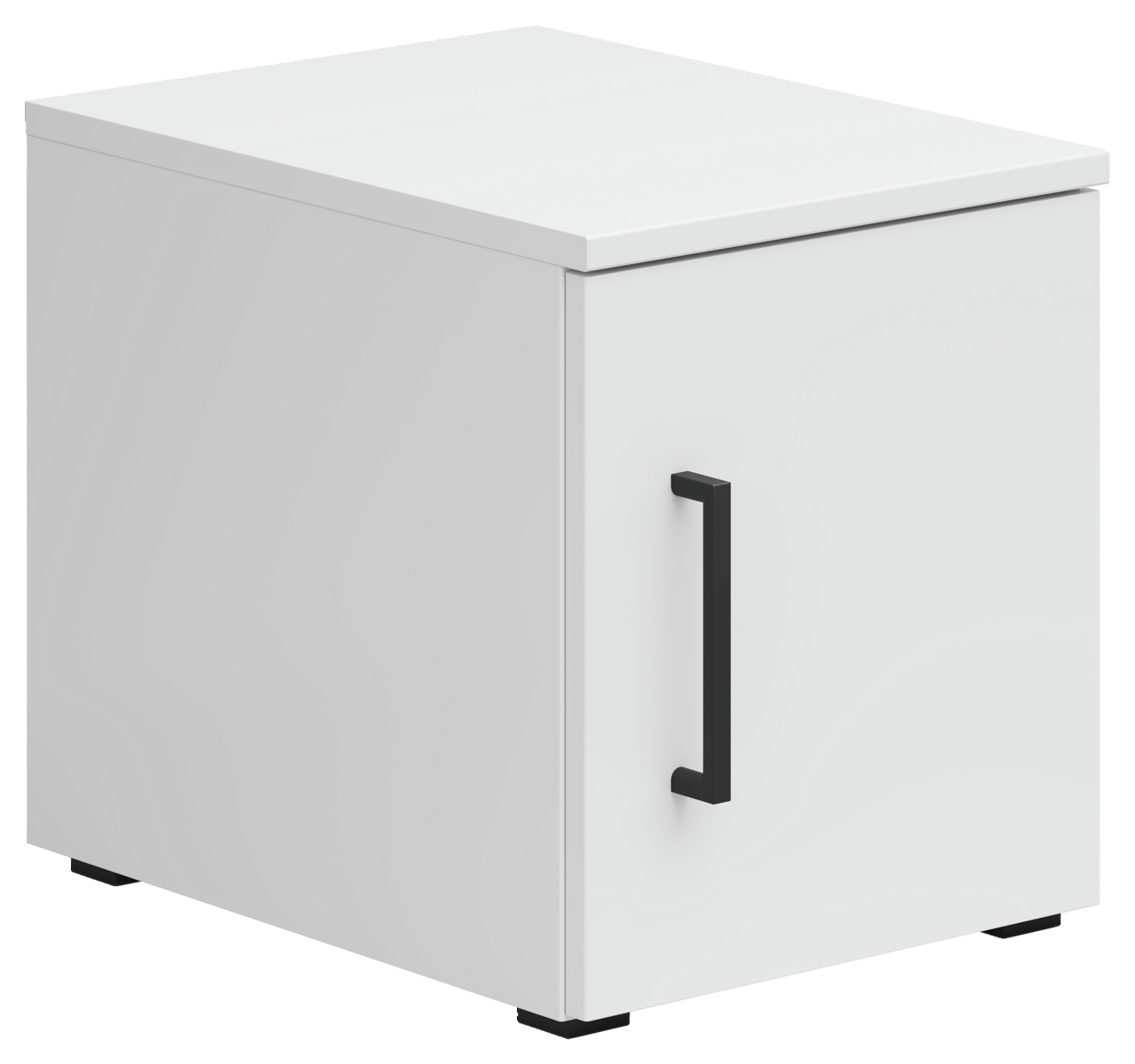 Weißer Aufsatzschrank mit schwarzem Griff, perspektivisch von vorne links betrachtet.