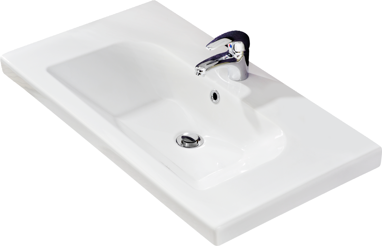 Keramikwaschtisch mit Armatur, seitliche Perspektive