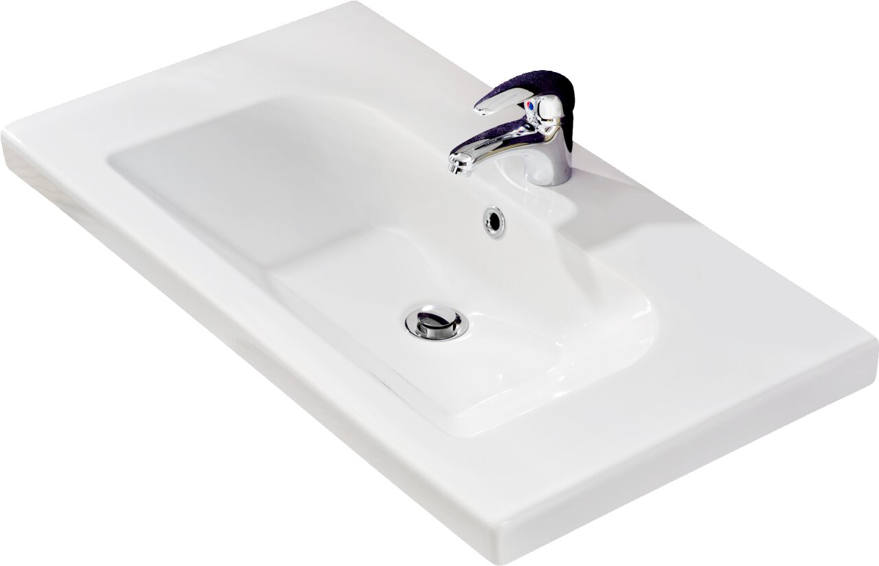 Keramikwaschtisch mit Armatur, seitliche Perspektive