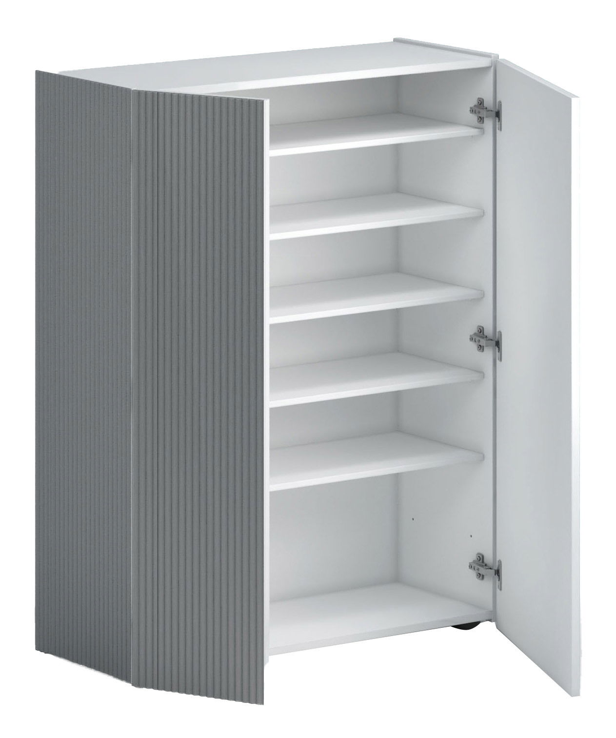 Moderner Schuhschrank Voleo TANKO mit grauer Front und weißen Regalböden, geöffnete Türen, seitliche Perspektive