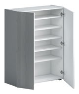 Moderner Schuhschrank Voleo TANKO mit grauer Front und weißen Regalböden, geöffnete Türen, seitliche Perspektive