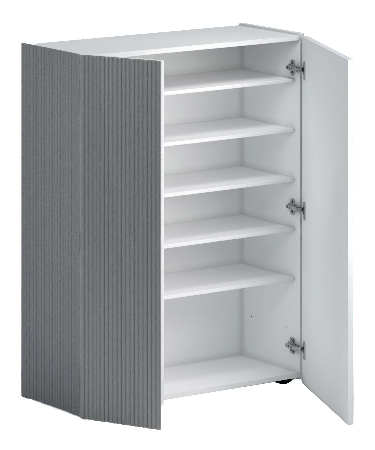 Moderner Schuhschrank Voleo TANKO mit grauer Front und weißen Regalböden, geöffnete Türen, seitliche Perspektive