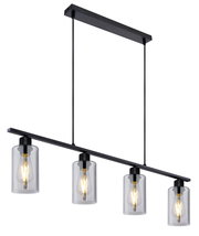 Moderne Hängeleuchte mit vier klaren Glaszylindern und sichtbaren Glühbirnen, seitliche Perspektive