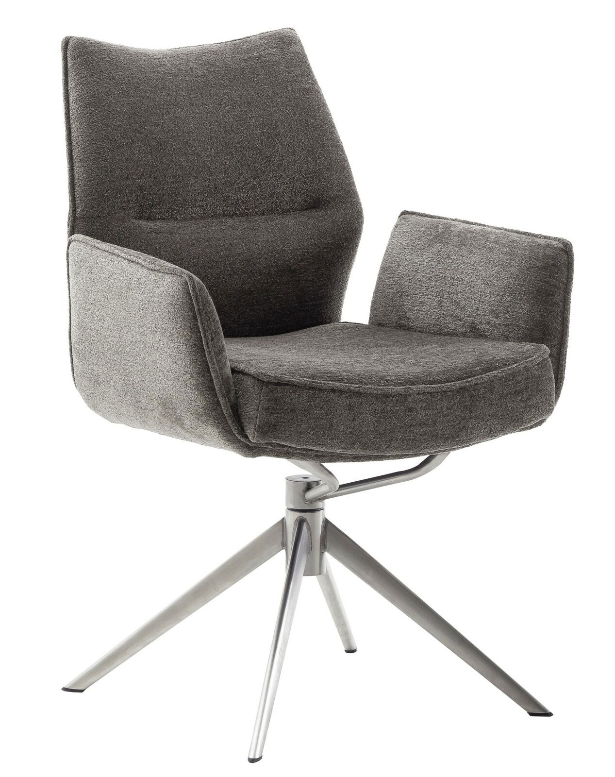 Grauer Armlehnstuhl mit modernem Design und Metallbeinen, seitliche Perspektive