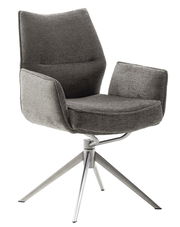 Grauer Armlehnstuhl mit modernem Design und Metallbeinen, seitliche Perspektive