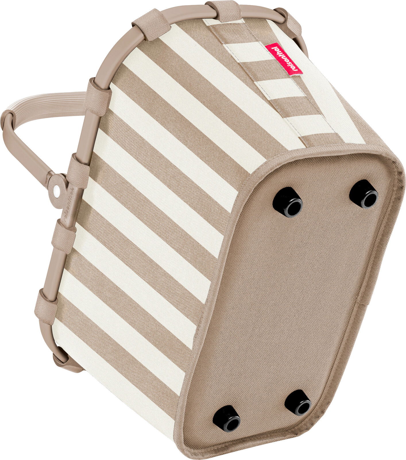 Beige-weiß gestreifter Reisenthel Carrybag Einkaufskorb mit stabilem Rahmen und Standfüßen, schräg von unten/seitlich (Bodenansicht) freigestellt