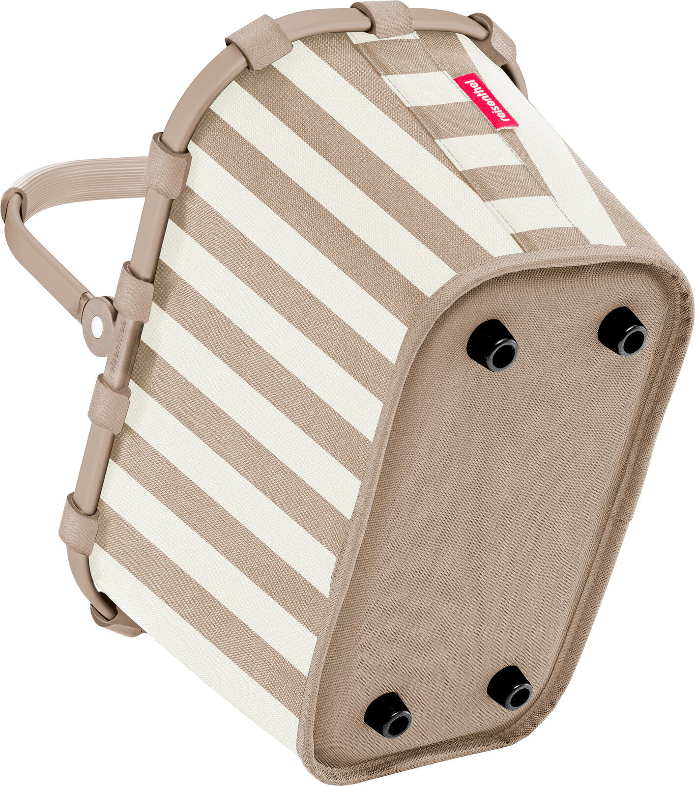 Beige-weiß gestreifter Reisenthel Carrybag Einkaufskorb mit stabilem Rahmen und Standfüßen, schräg von unten/seitlich (Bodenansicht) freigestellt