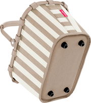 Beige-weiß gestreifter Reisenthel Carrybag Einkaufskorb mit stabilem Rahmen und Standfüßen, schräg von unten/seitlich (Bodenansicht) freigestellt