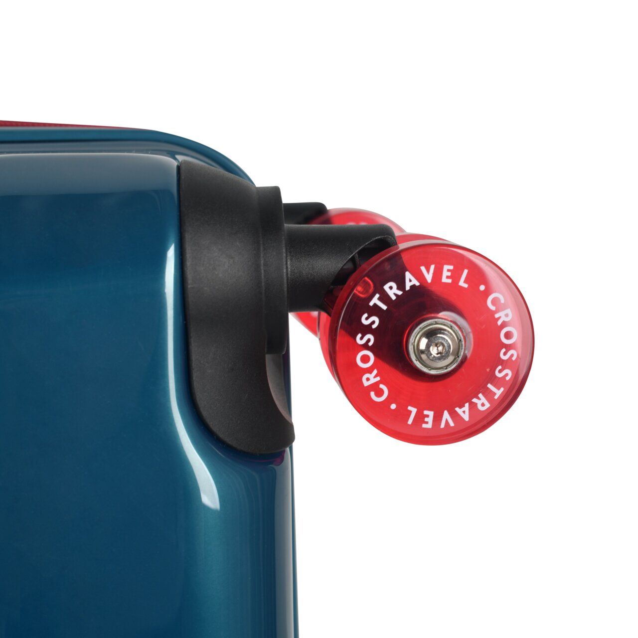 Detailaufnahme eines blauen Hartschalenkoffers mit schwarzer Rollenhalterung und roter Kofferrolle mit Aufdruck „CROSSTRAVEL“, seitliche Nahansicht (Perspektive: Seitenansicht/Close-up).