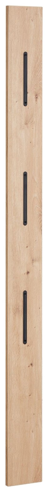 Schmales Garderobenpaneel aus Holz mit drei schwarzen Haken, Frontalansicht