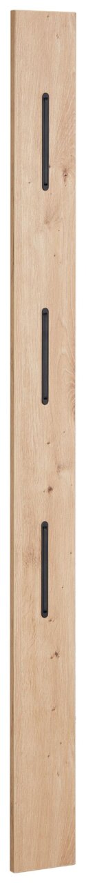 Schmales Garderobenpaneel aus Holz mit drei schwarzen Haken, Frontalansicht