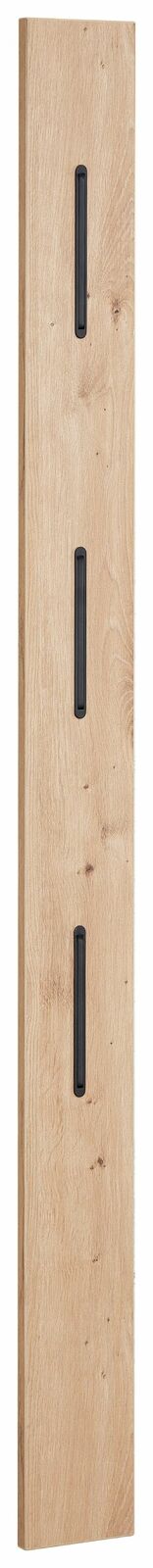 Schmales Garderobenpaneel aus Holz mit drei schwarzen Haken, Frontalansicht