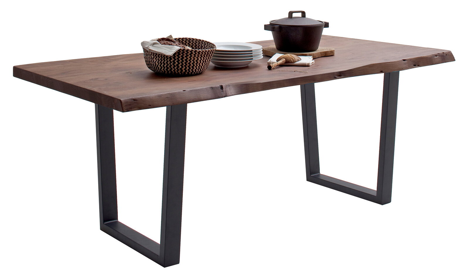 Moderner Esstisch aus Holz mit natürlicher Kante und Metallbeinen, seitliche Perspektive