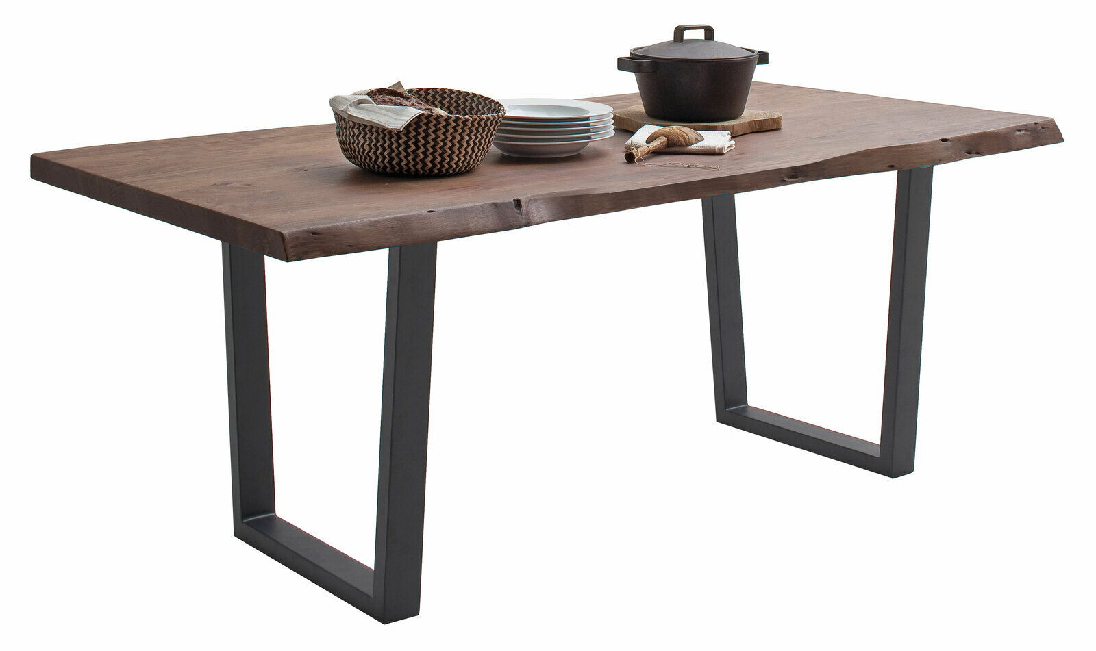 Moderner Esstisch aus Holz mit natürlicher Kante und Metallbeinen, seitliche Perspektive