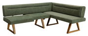 Grüne Eckbank mit Holzbeinen, seitliche Perspektive