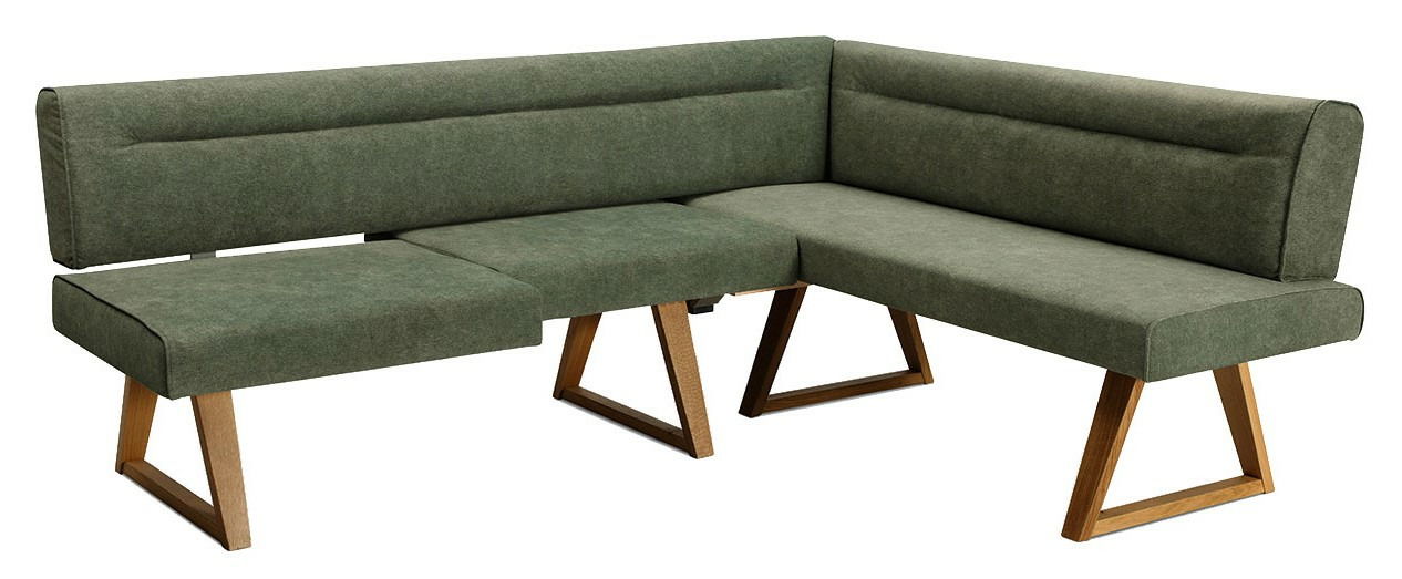 Grüne Eckbank mit Holzbeinen, seitliche Perspektive