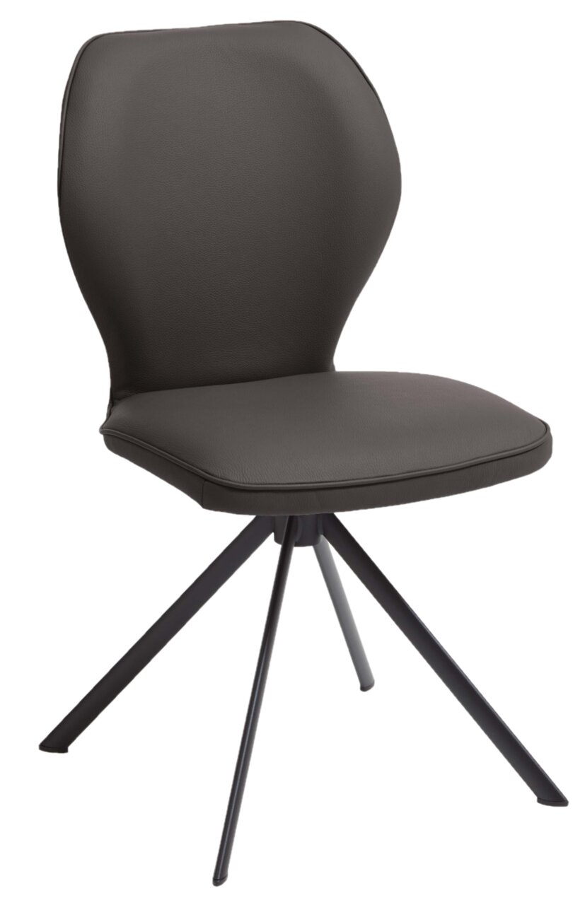 Moderner Stuhl mit gepolsterter Rückenlehne und Sitzfläche, schwarzes Metallgestell, seitliche Perspektive