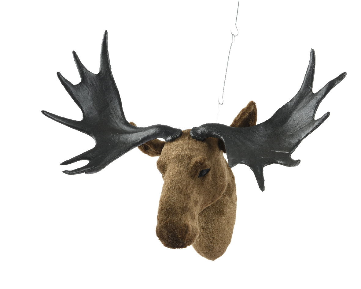 Elchkopf aus PE-Schaum mit großen, schwarzen Geweihen, von vorne betrachtet, hängend an einem Faden.
