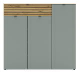 Frontansicht eines breiten XXL-Schuhschranks mit grauen Türen und einer oberen Holzleiste.