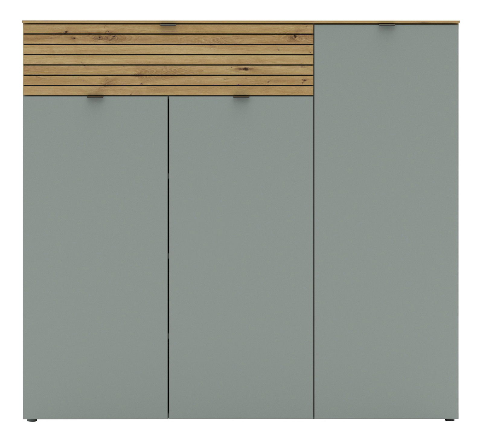 Frontansicht eines breiten XXL-Schuhschranks mit grauen Türen und einer oberen Holzleiste.