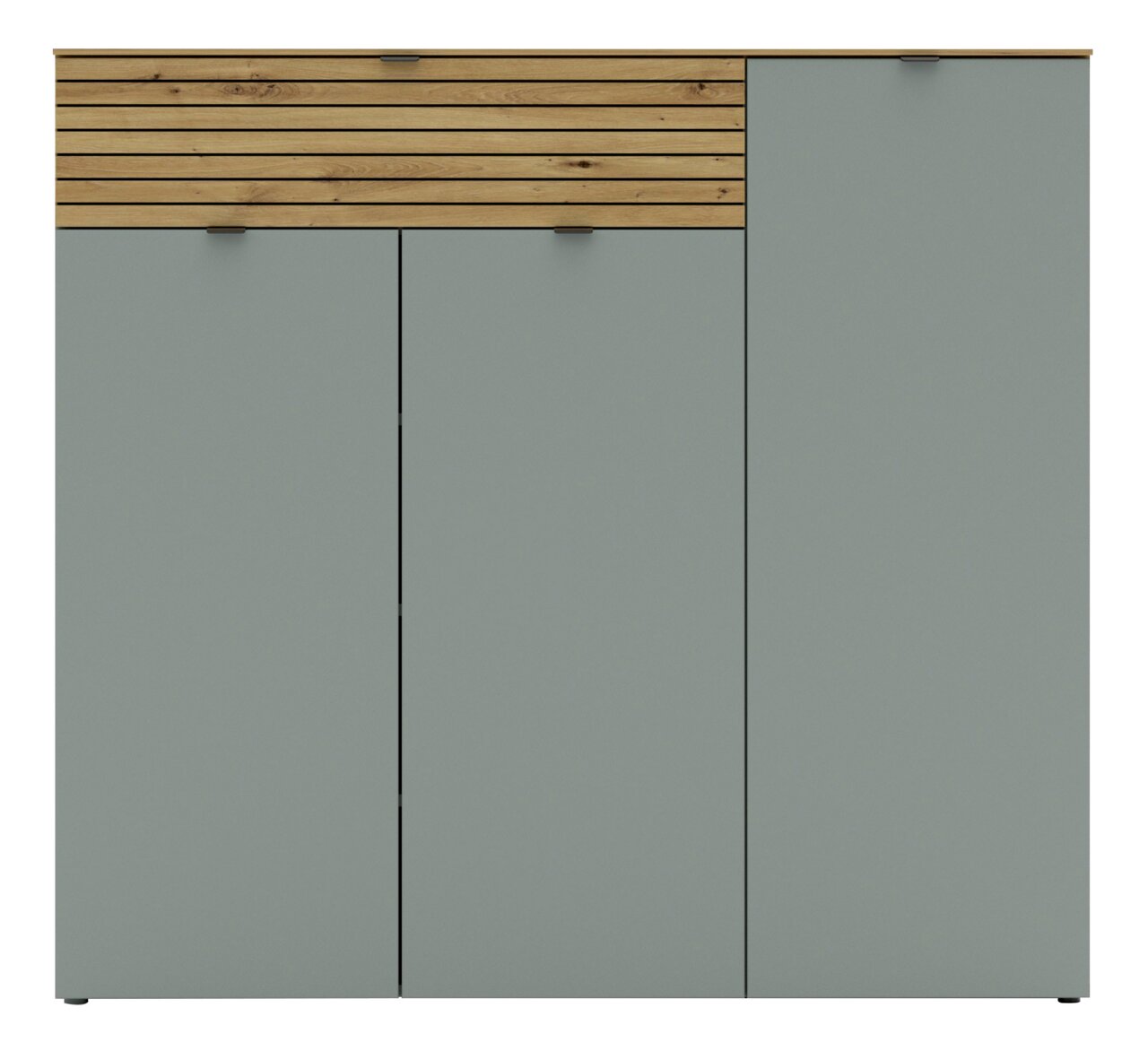 Vooraanzicht van een brede XXL-schoenenkast met grijze deuren en een houten sierlijst bovenaan.