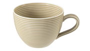 Beige Kaffeetasse mit Reliefmuster, seitliche Perspektive