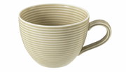 Beige Kaffeetasse mit Reliefmuster, seitliche Perspektive