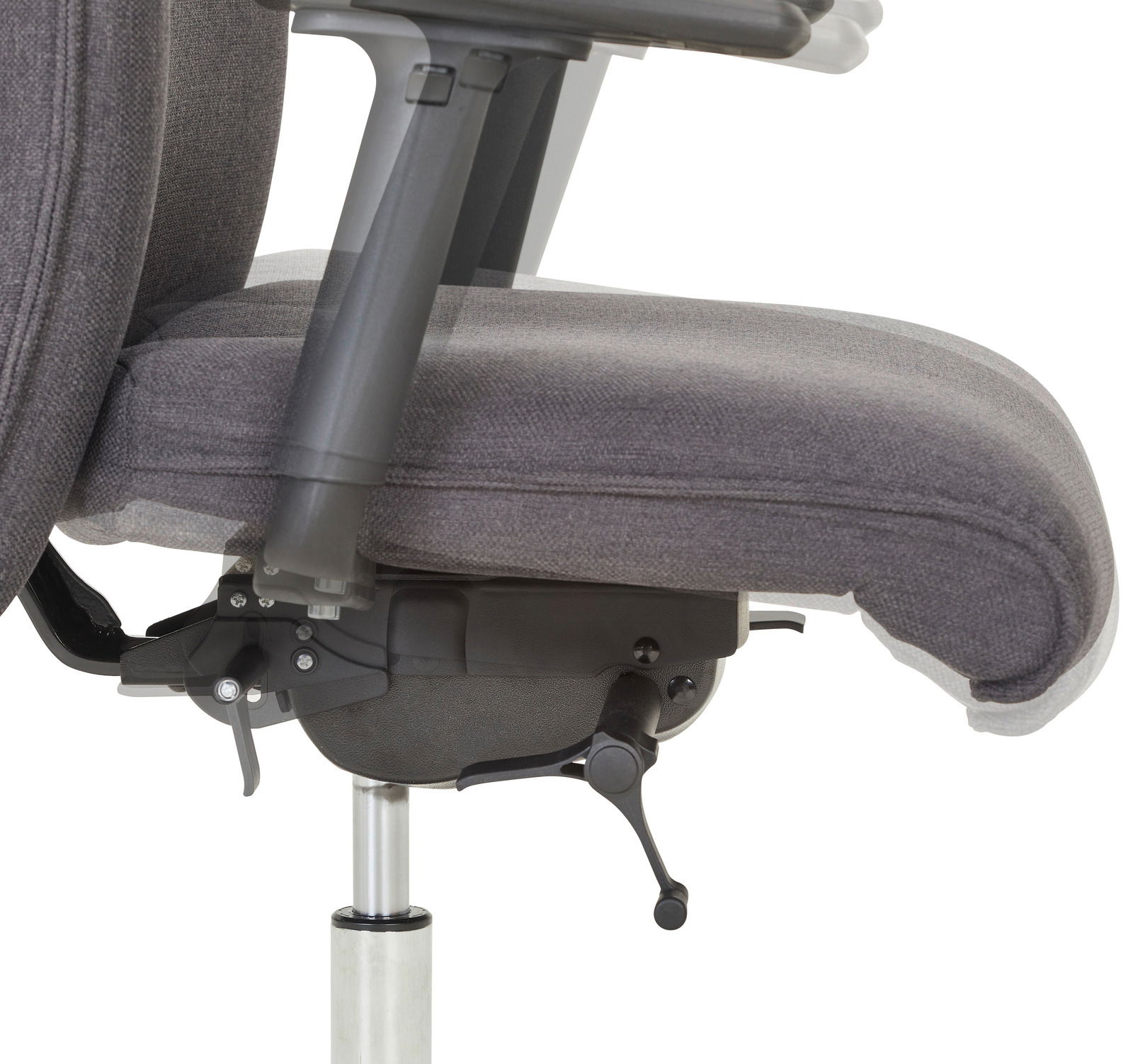 Seitenansicht eines grauen XL-Drehstuhls mit Armlehnen und verstellbarem Sitzmechanismus.