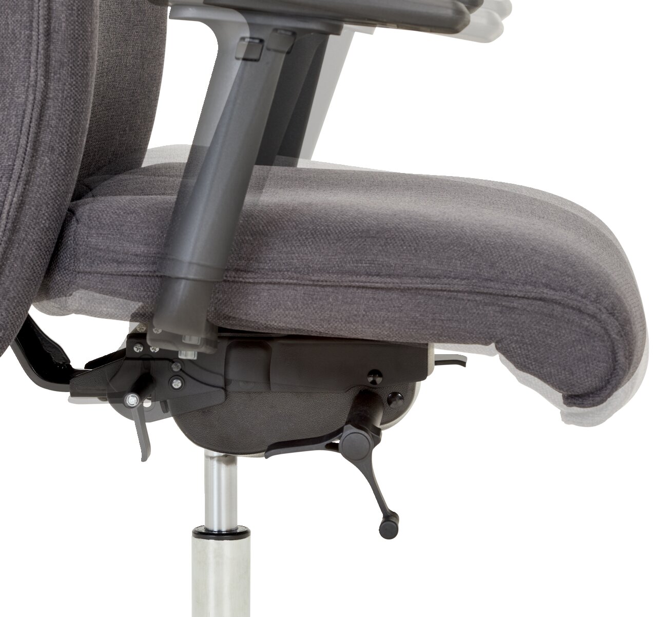 Seitenansicht eines grauen XL-Drehstuhls mit Armlehnen und verstellbarem Sitzmechanismus.