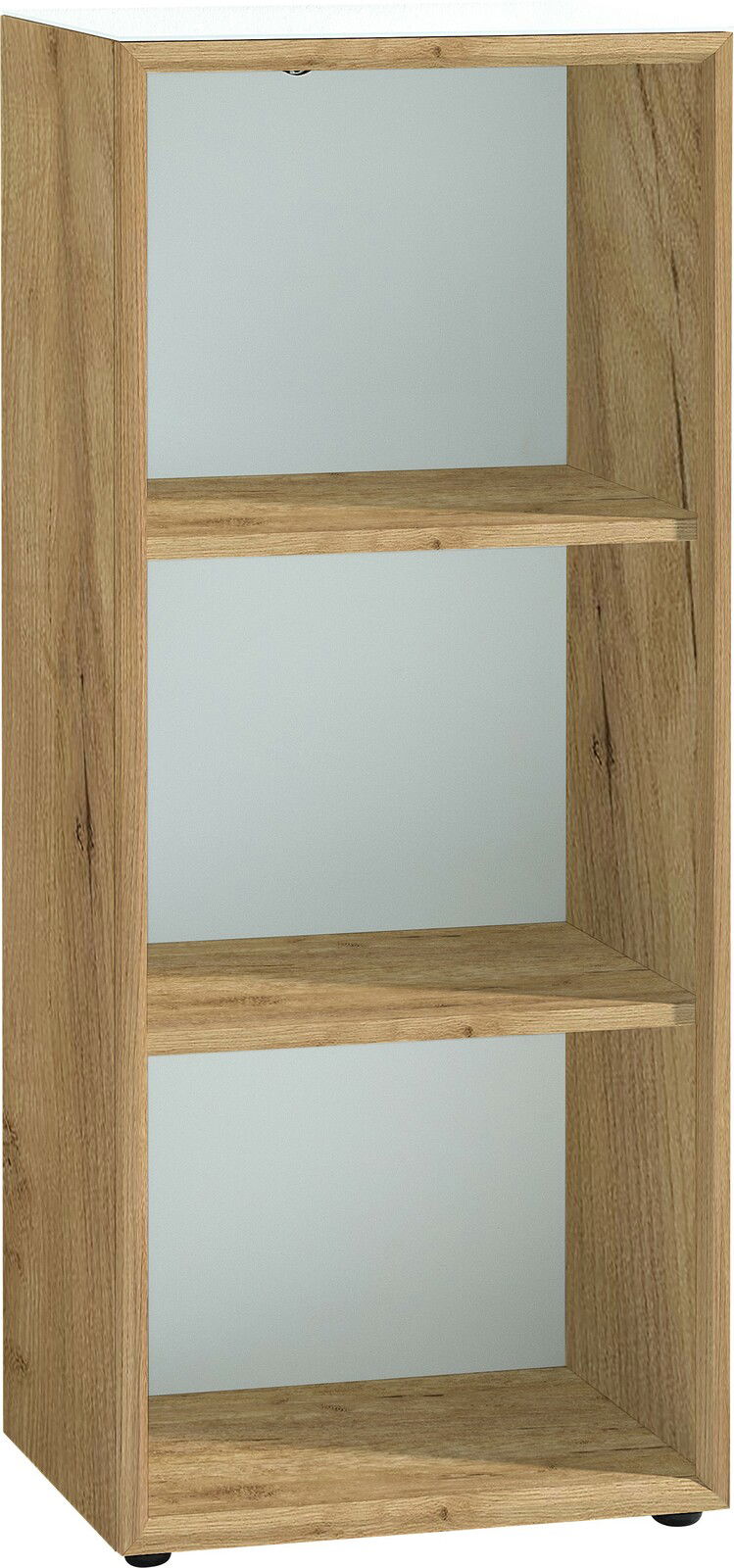 Holz-Aktenregal mit drei offenen Fächern, seitliche Perspektive