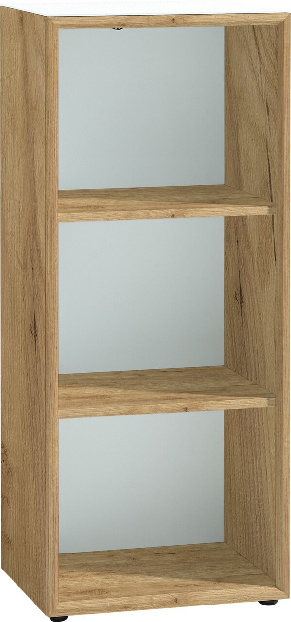 Holz-Aktenregal mit drei offenen Fächern, seitliche Perspektive