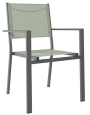 Moderner Stapelsessel mit grauem Metallrahmen und hellgrüner Bespannung, seitliche Perspektive