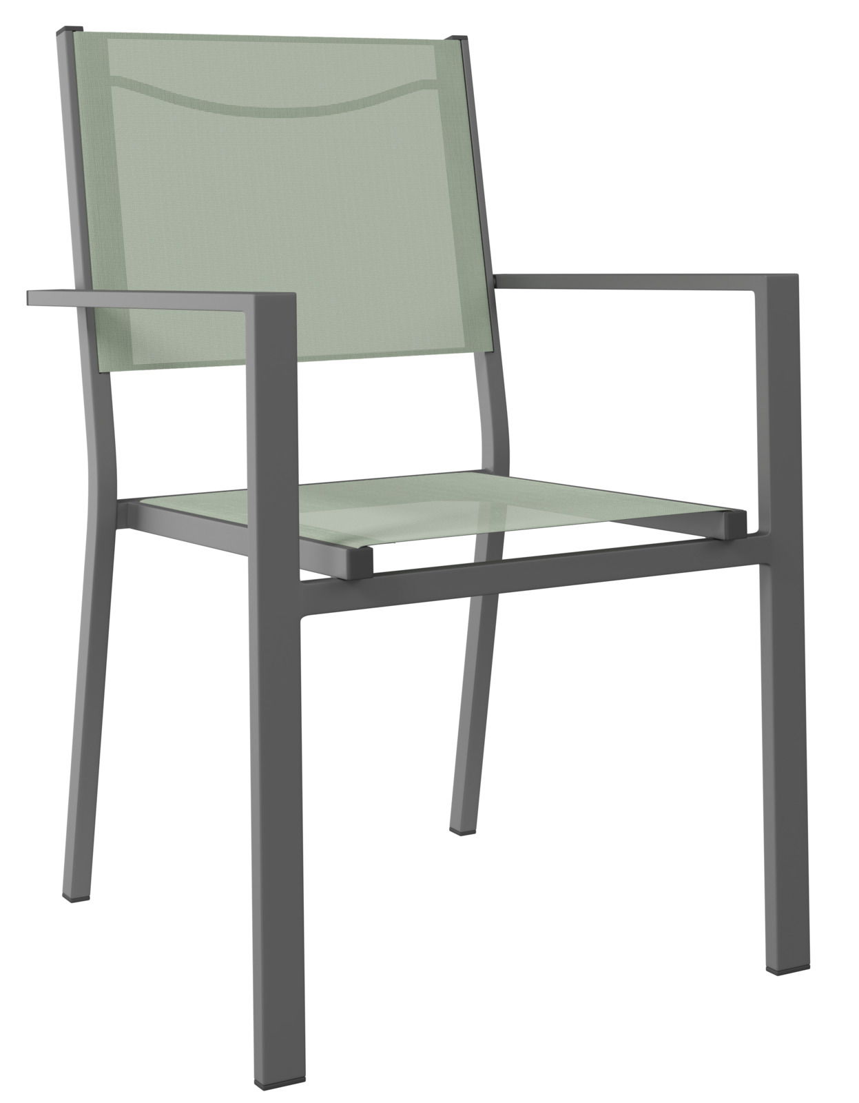 Moderner Stapelsessel mit grauem Metallrahmen und hellgrüner Bespannung, seitliche Perspektive